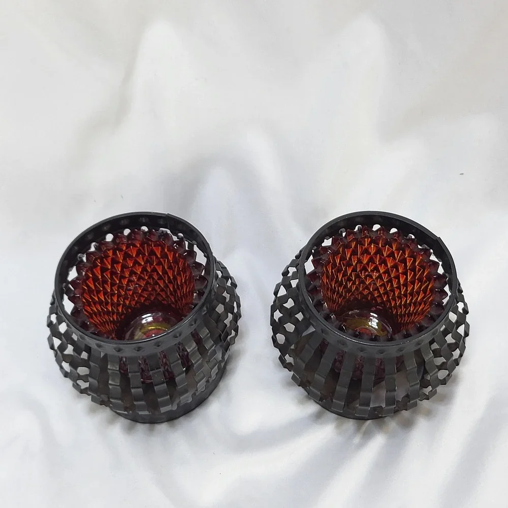 Vintage Ruby Red Diamond Point Glass Peg Votive Candle Holders Metal Cage Set 2